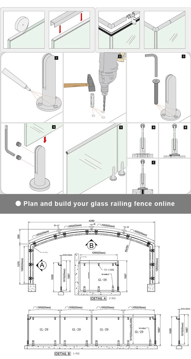 Hot Sale Glass Fixing Railing Handrails Outdoor Indoor Frameless Glass Railing Stainless Steel Glass Standoffs
