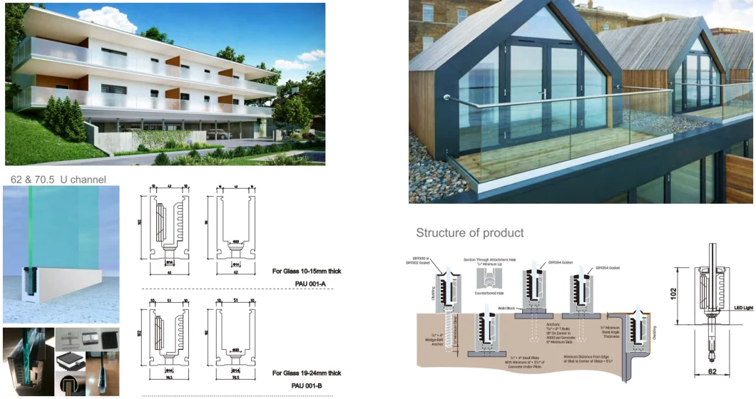 Prima Modern Style U Channel Frameless Glass Railing Aluminum Balcony Railing