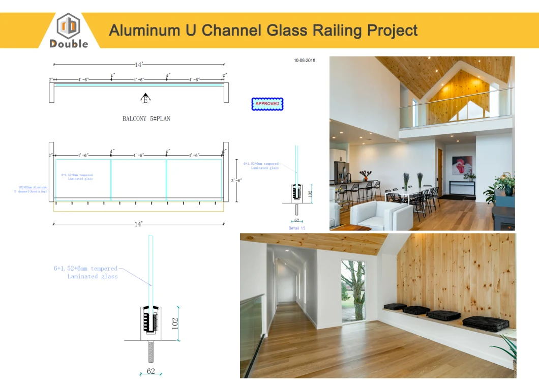 Black U Channel Glass Railing System for Villa or Residenital Interior Design