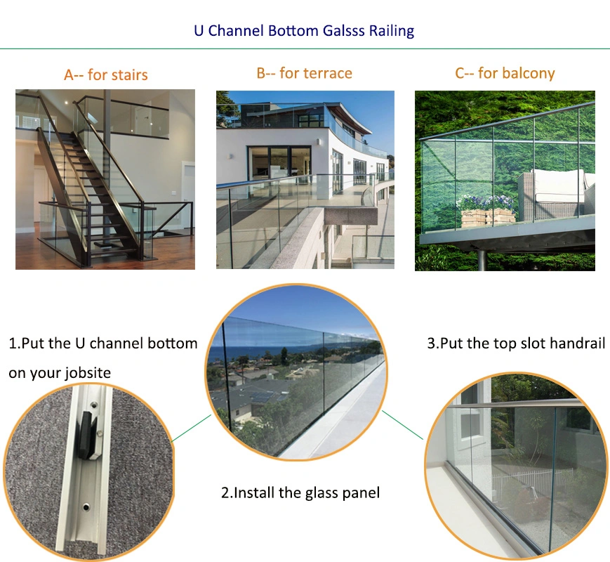 Aluminum U Channel Balustrade Frameless Glass Railing with LED Light