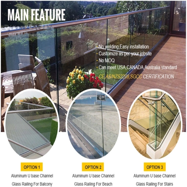 Frameless Tempered Glass Balcony Railing with Aluminum U Channel Glass Balustrade System with LED Light